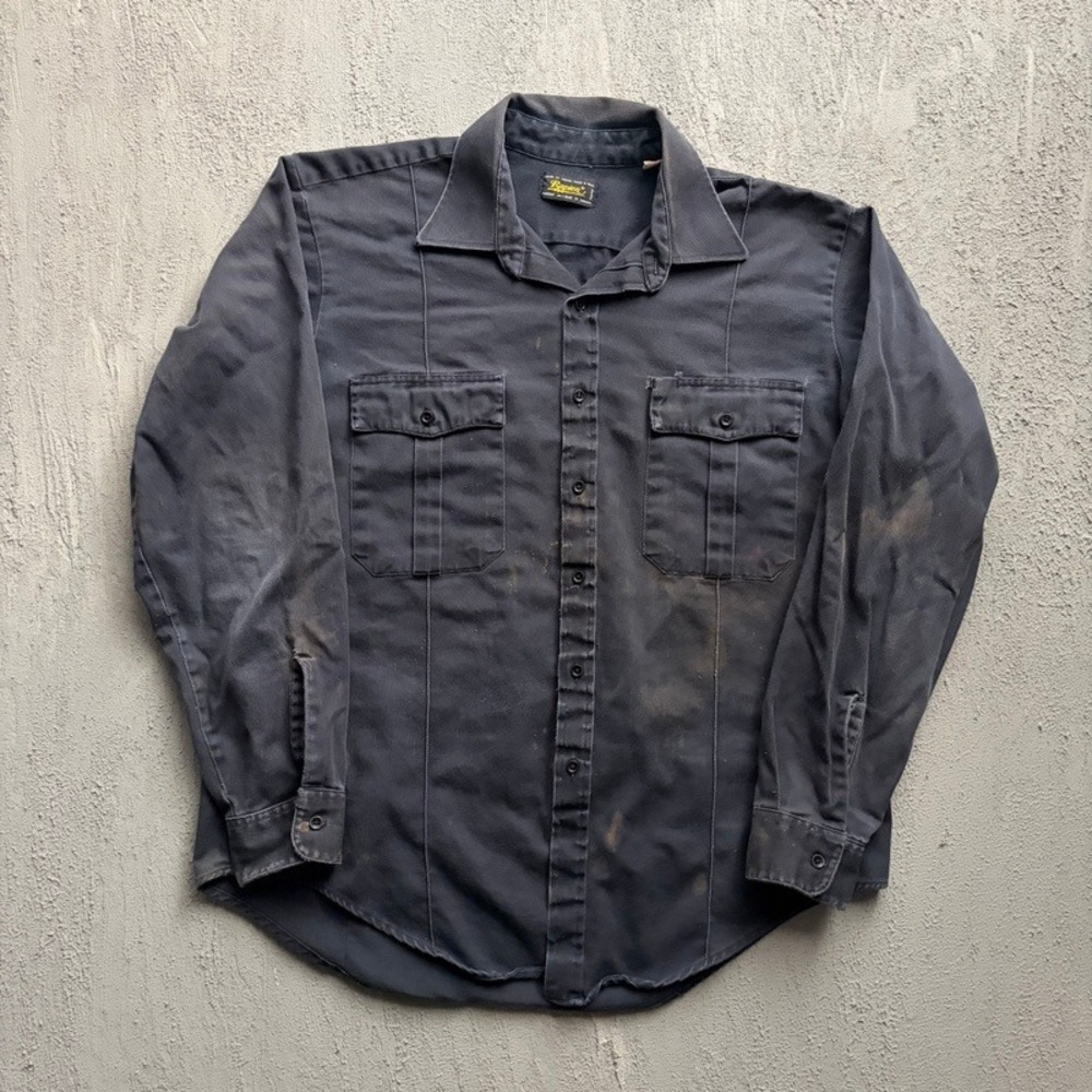 Vintage Rapier Button Up Work Shirt XL Blue 1970s Distressed